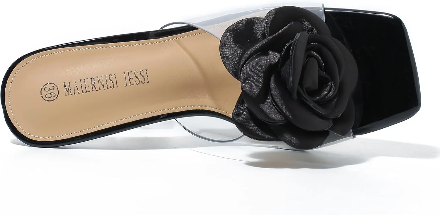 MAIERNISI JESSI Women Flowers High Heels Mules Sandals Square Toe Slip on Dress Bridal Wedding Sandals