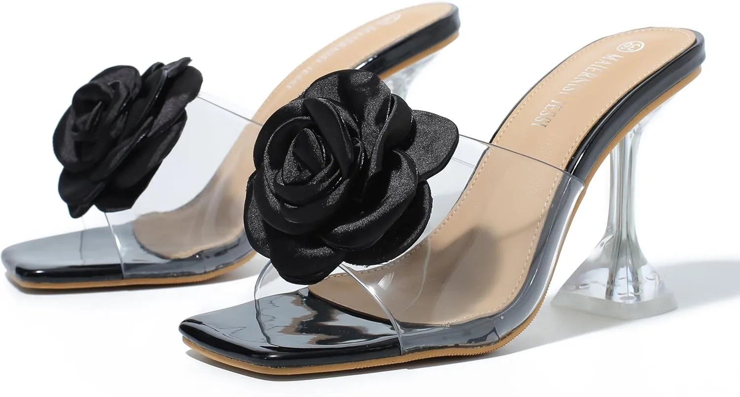 MAIERNISI JESSI Women Flowers High Heels Mules Sandals Square Toe Slip on Dress Bridal Wedding Sandals