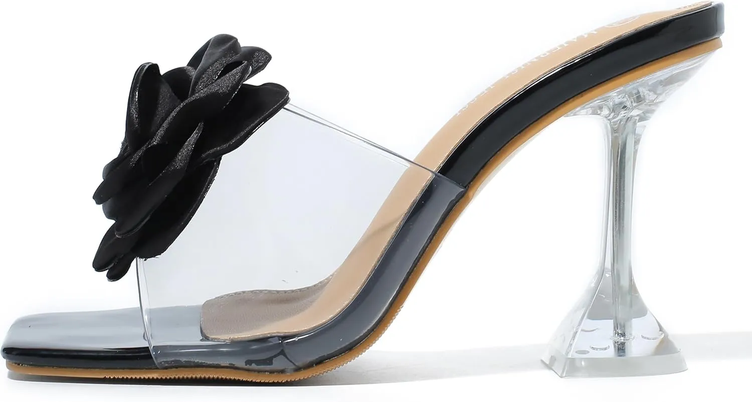 MAIERNISI JESSI Women Flowers High Heels Mules Sandals Square Toe Slip on Dress Bridal Wedding Sandals