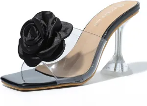 MAIERNISI JESSI Women Flowers High Heels Mules Sandals Square Toe Slip on Dress Bridal Wedding Sandals
