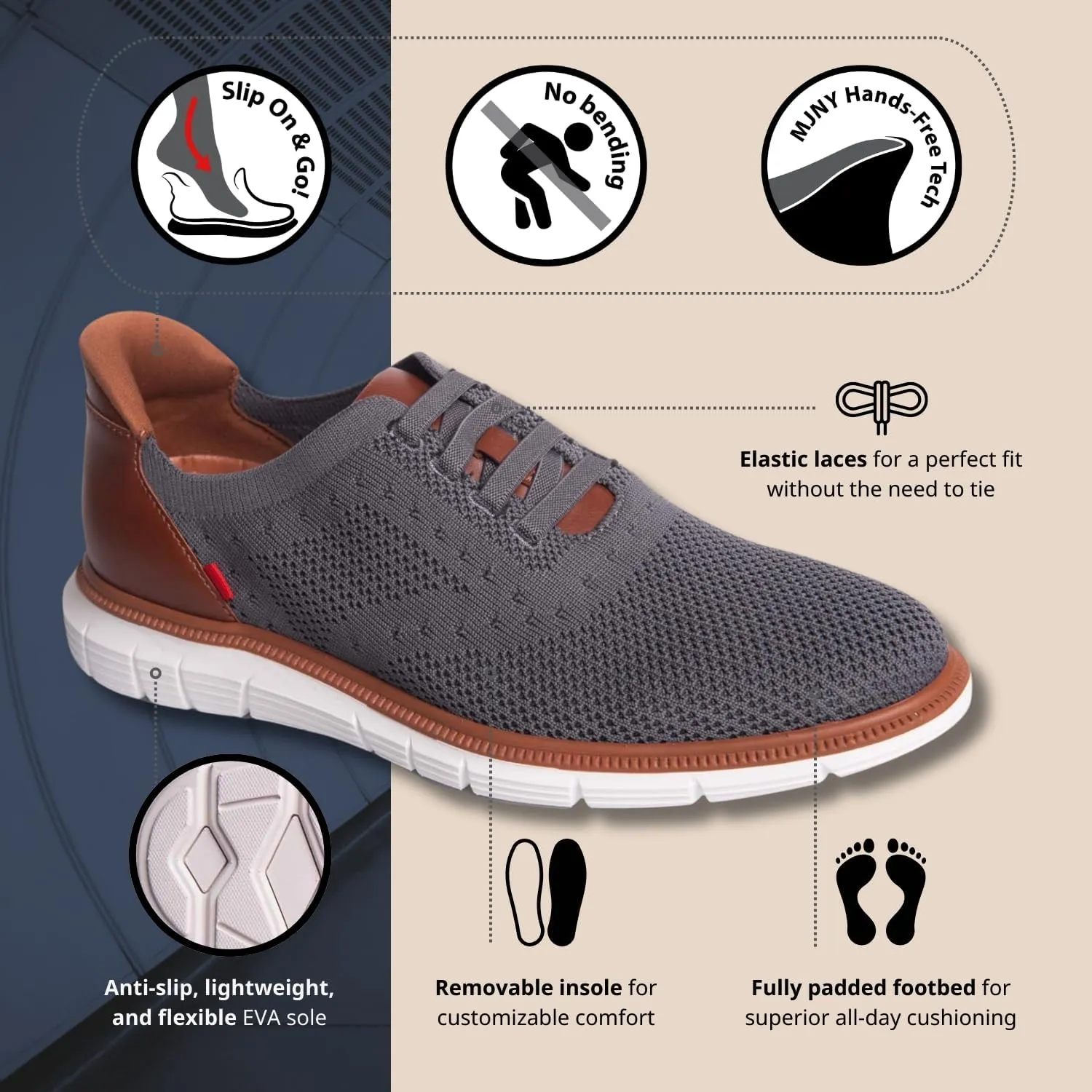 Marc Joseph New York Mens Hands Free Slip On Casual Dress Sneakers Mesh Oxfords Lightweight Breathable Walking Shoes