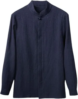 Men's Autumn Winter Chinese Style Linen Shirt with Jacquard Long Sleeve Top