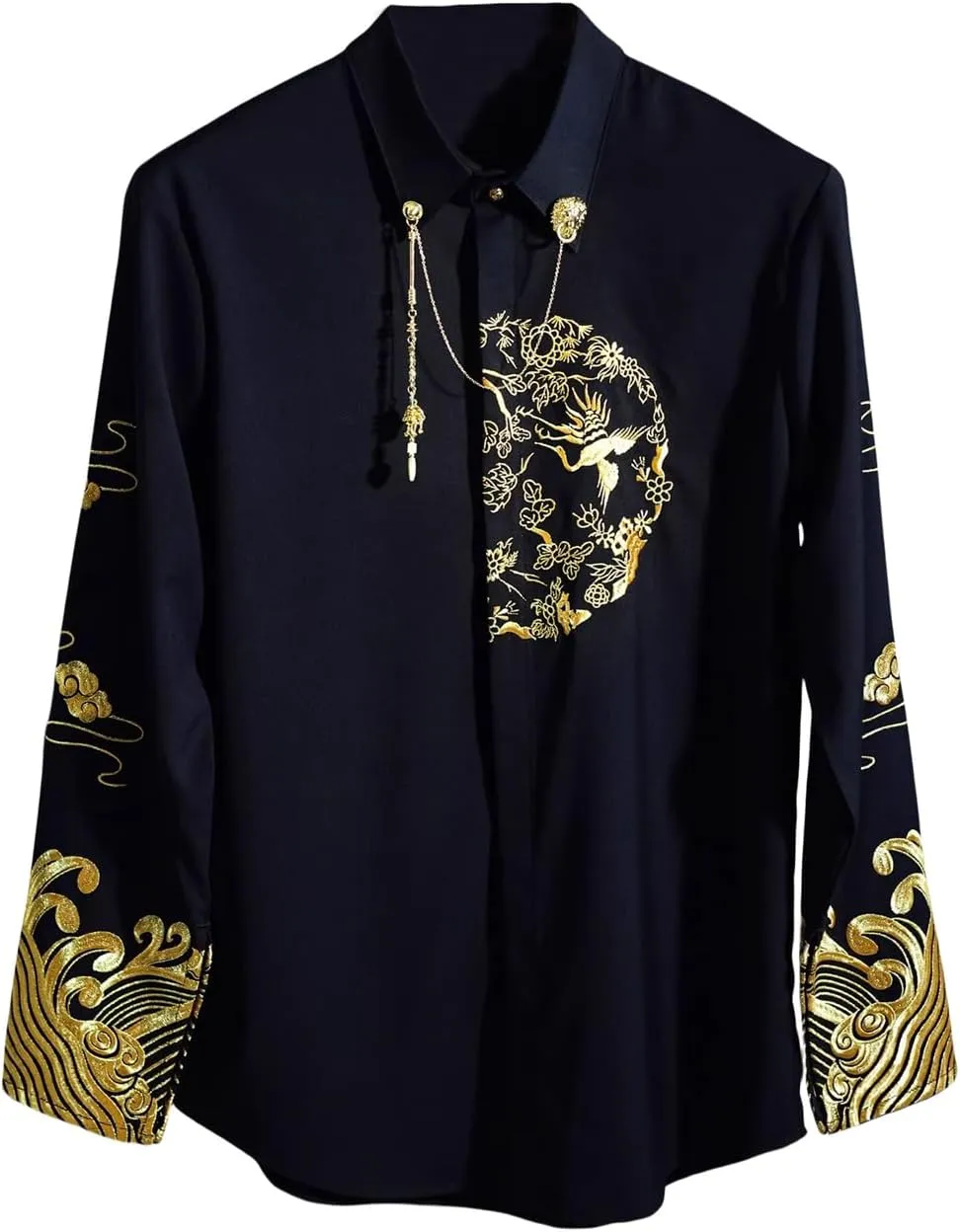 Men's Chinese Style Embroidered Shirt Retro Slim Fit Long Sleeve Top Vintage Design Spring Autumn
