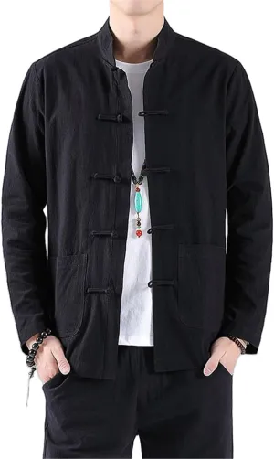 Men's Chinese Style Short Sleeve Shirt with Frog Buttons Retro Cotton Linen Hanfu Zhongshan Suit Summer