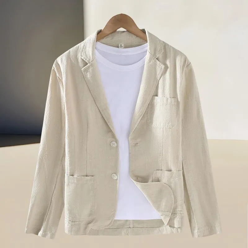 Men's Japanese Style Notched Lapel Casual Ramie Versatile Young Loose Fit Business Cotton Linen Blazer Jacket
