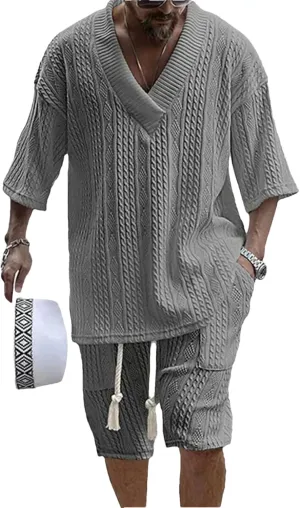 Men's Knit V-Neck Set, Short Sleeve & Streetwear Elastic Shorts