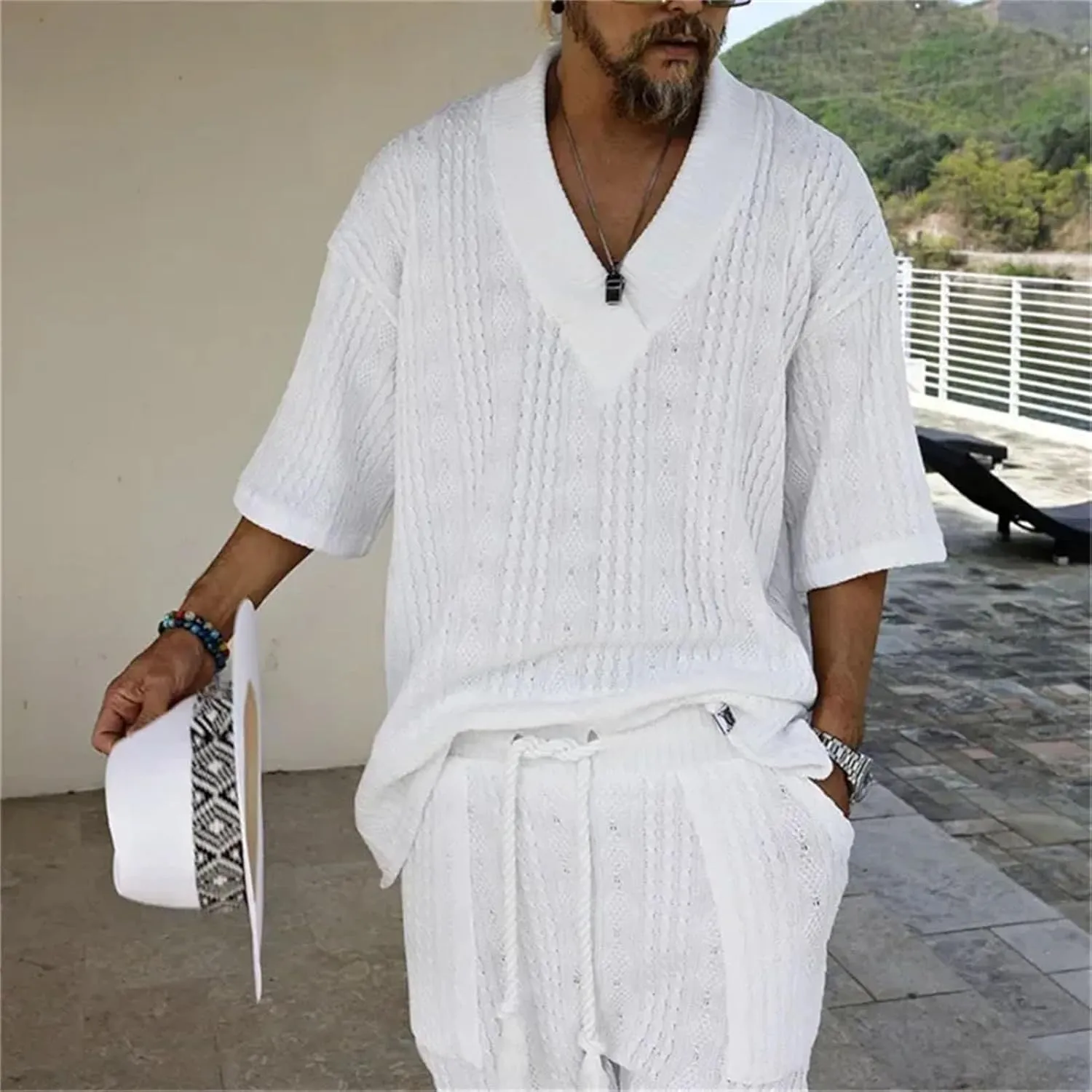 Men's Knit V-Neck Set, Short Sleeve & Streetwear Elastic Shorts