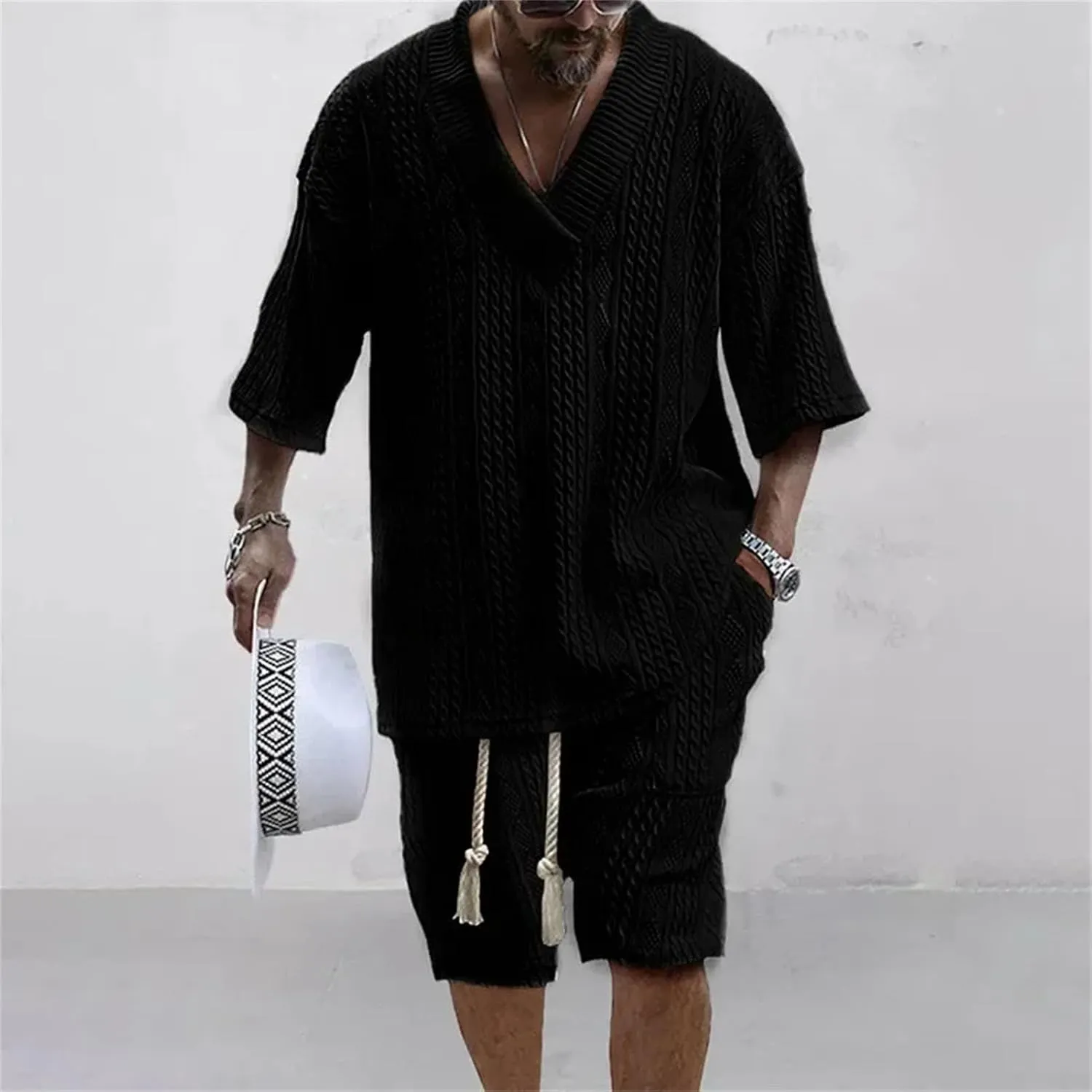 Men's Knit V-Neck Set, Short Sleeve & Streetwear Elastic Shorts