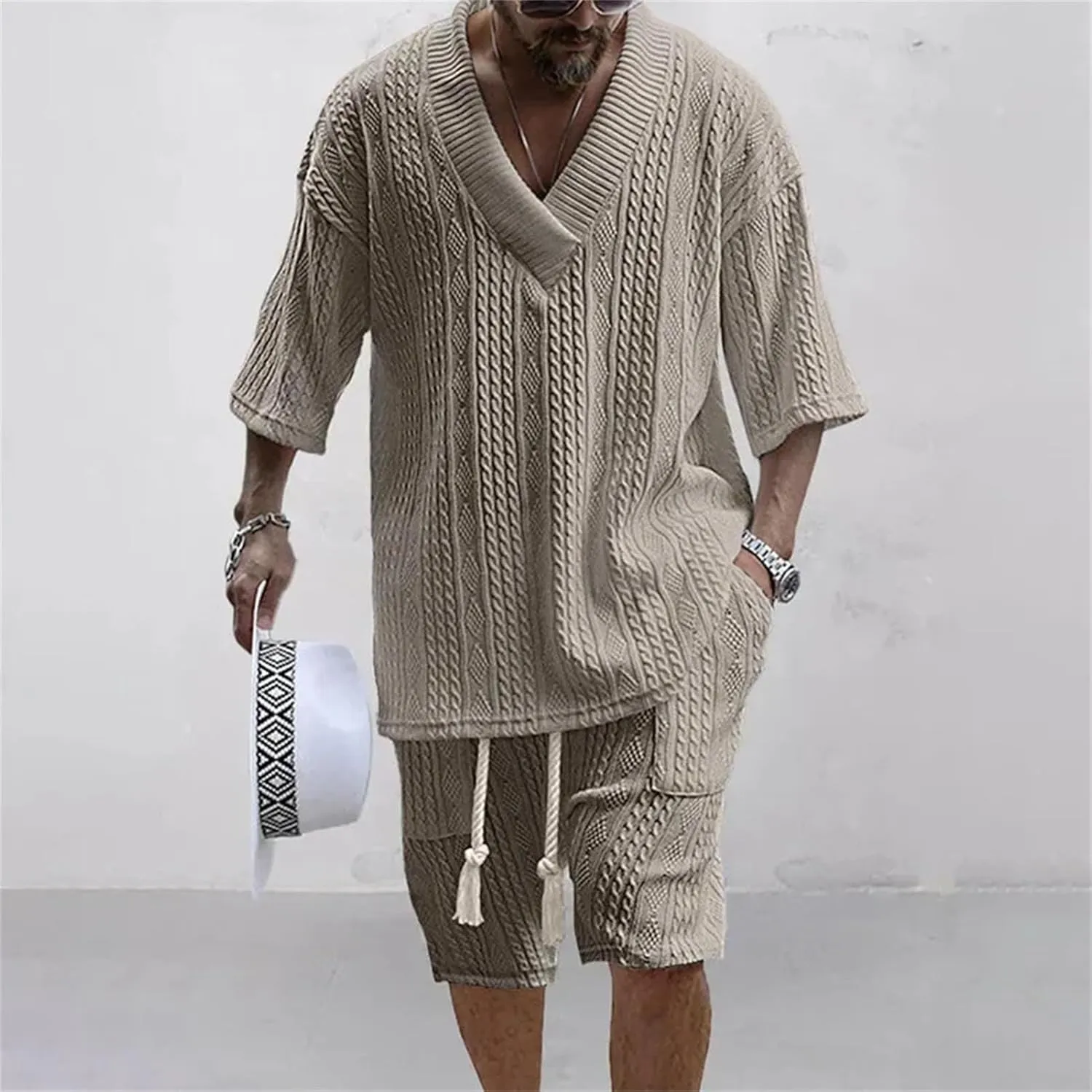 Men's Knit V-Neck Set, Short Sleeve & Streetwear Elastic Shorts