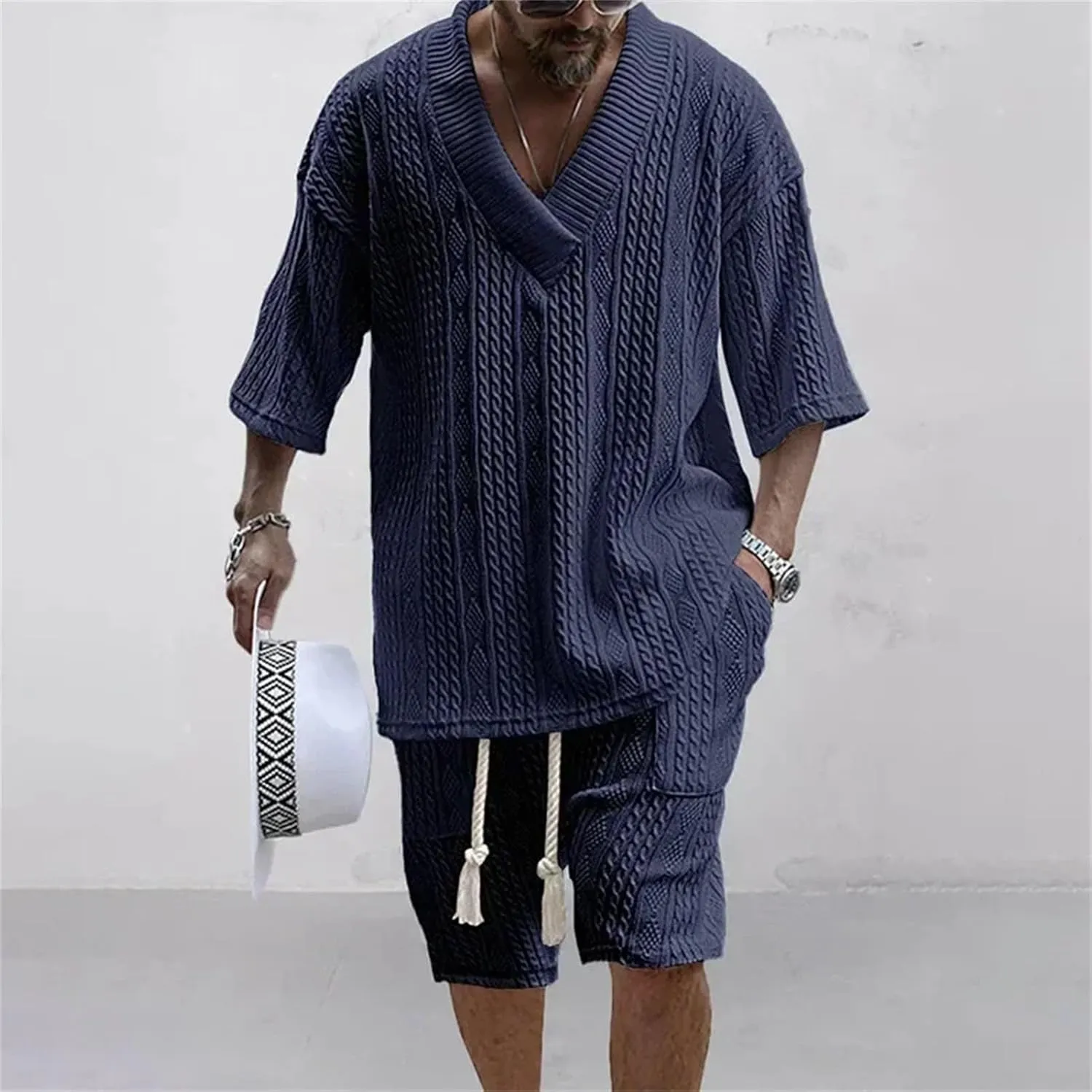 Men's Knit V-Neck Set, Short Sleeve & Streetwear Elastic Shorts