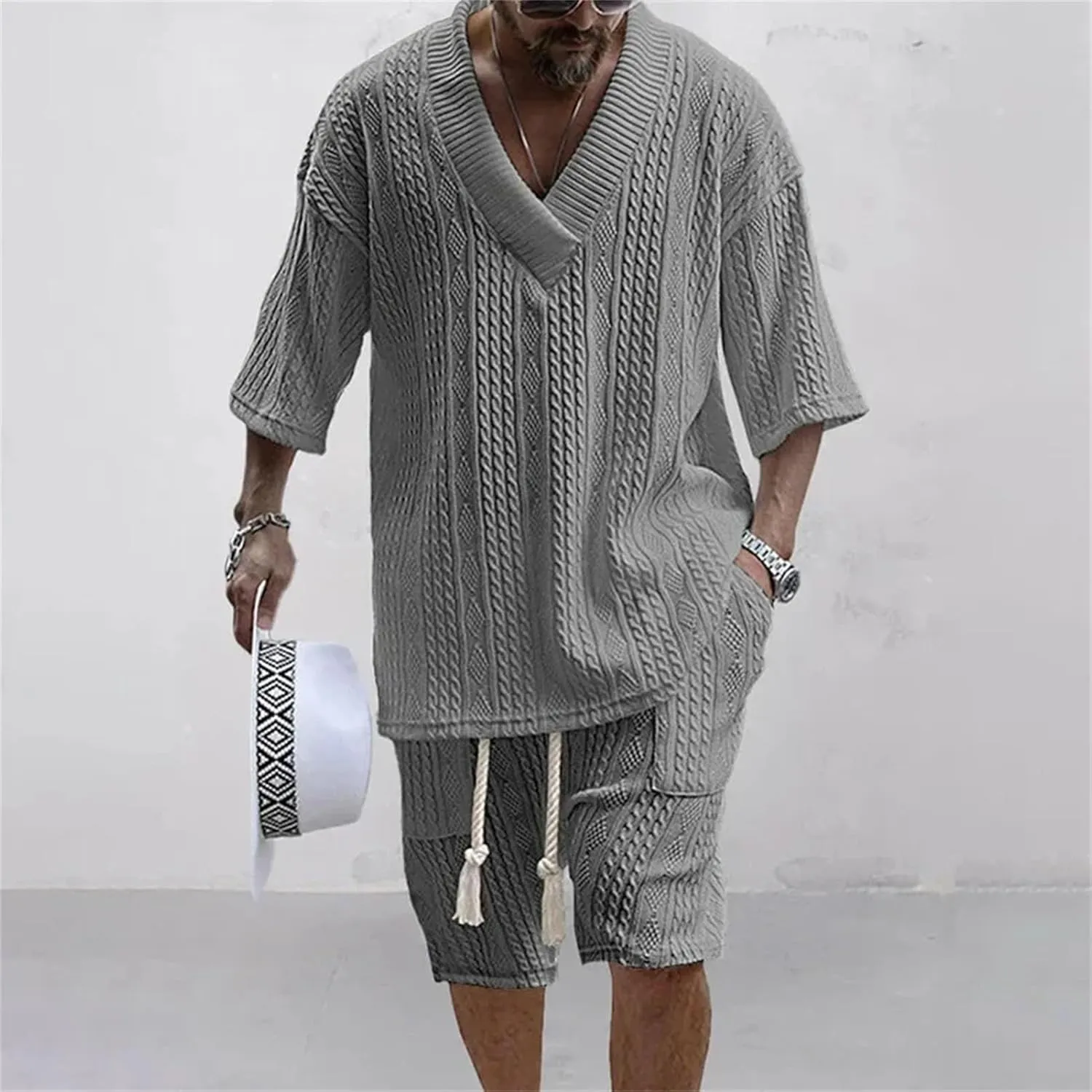 Men's Knit V-Neck Set, Short Sleeve & Streetwear Elastic Shorts