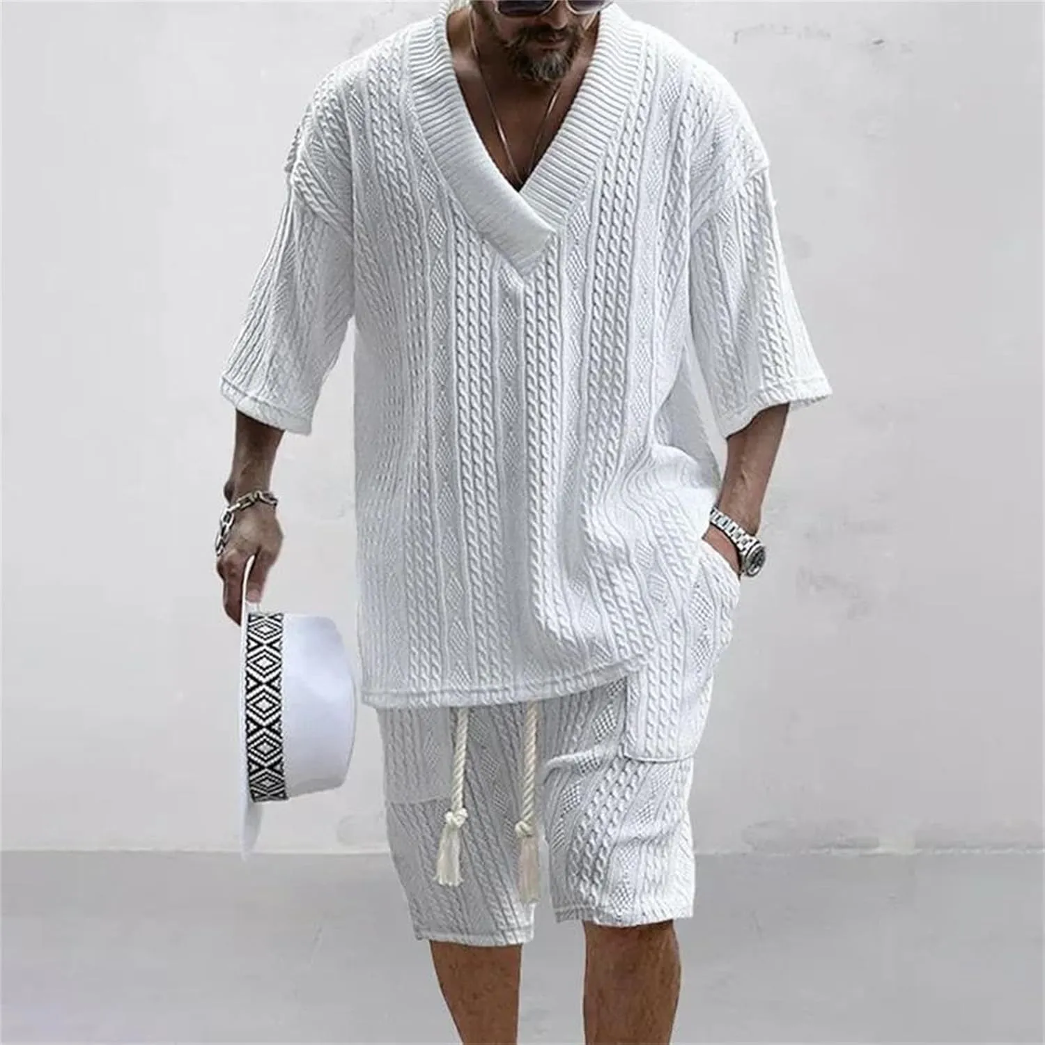 Men's Knit V-Neck Set, Short Sleeve & Streetwear Elastic Shorts
