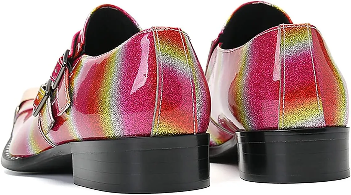 Mens Loafers Casual Pink Dress Shoes Genuine Leather Double Monk Strap Loafers Metal Wingtip Toe Buckle Mocasines Fashion Prom Wedding Tuxedo Disco Singer Party Western Shoes for Men