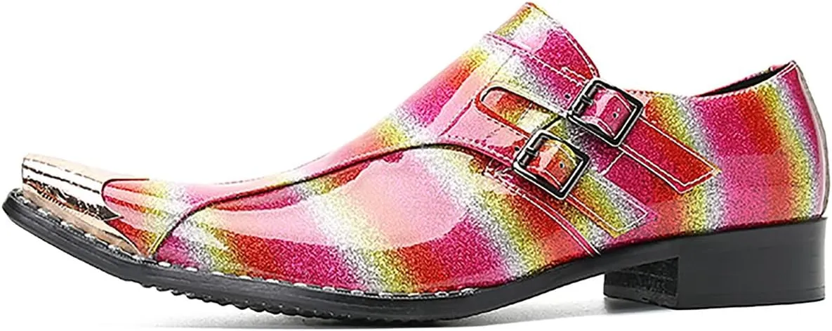 Mens Loafers Casual Pink Dress Shoes Genuine Leather Double Monk Strap Loafers Metal Wingtip Toe Buckle Mocasines Fashion Prom Wedding Tuxedo Disco Singer Party Western Shoes for Men