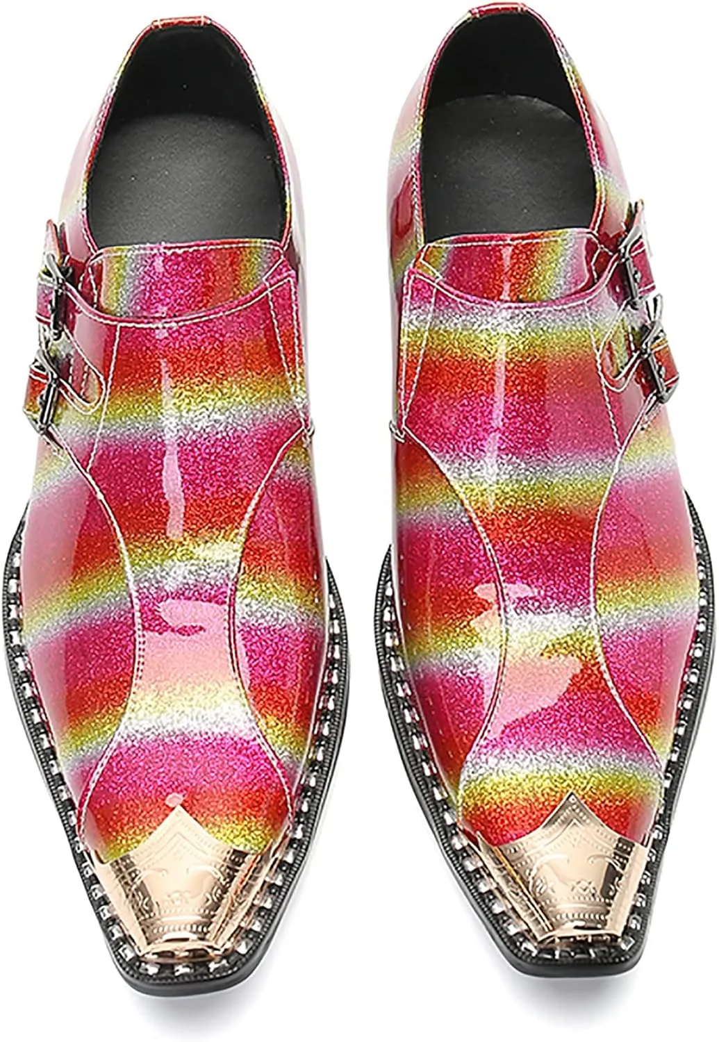 Mens Loafers Casual Pink Dress Shoes Genuine Leather Double Monk Strap Loafers Metal Wingtip Toe Buckle Mocasines Fashion Prom Wedding Tuxedo Disco Singer Party Western Shoes for Men