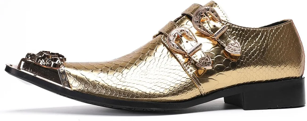 Men's Luxury Patent Leather Dress Shoes - Snakeskin Texture Metal Pointed Toe Metallic Monk Strap Loafers Formal Shoes with Buckle Accent for Wedding Party Bar Singer