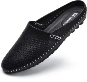 Mens Mules Clog Slippers Breathable Punching Genuine Leather Slip on Casual Backless Loafer Shoes