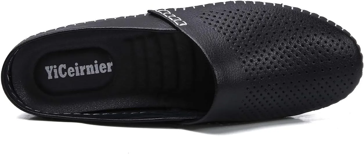 Mens Mules Clog Slippers Breathable Punching Genuine Leather Slip on Casual Backless Loafer Shoes