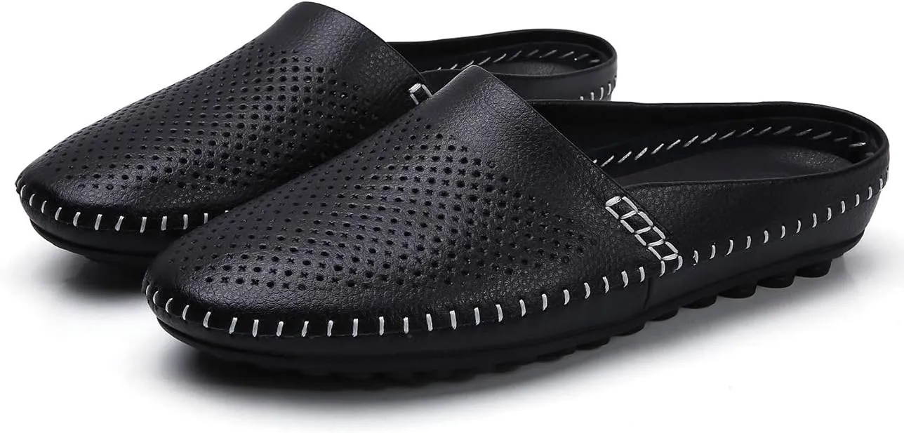 Mens Mules Clog Slippers Breathable Punching Genuine Leather Slip on Casual Backless Loafer Shoes