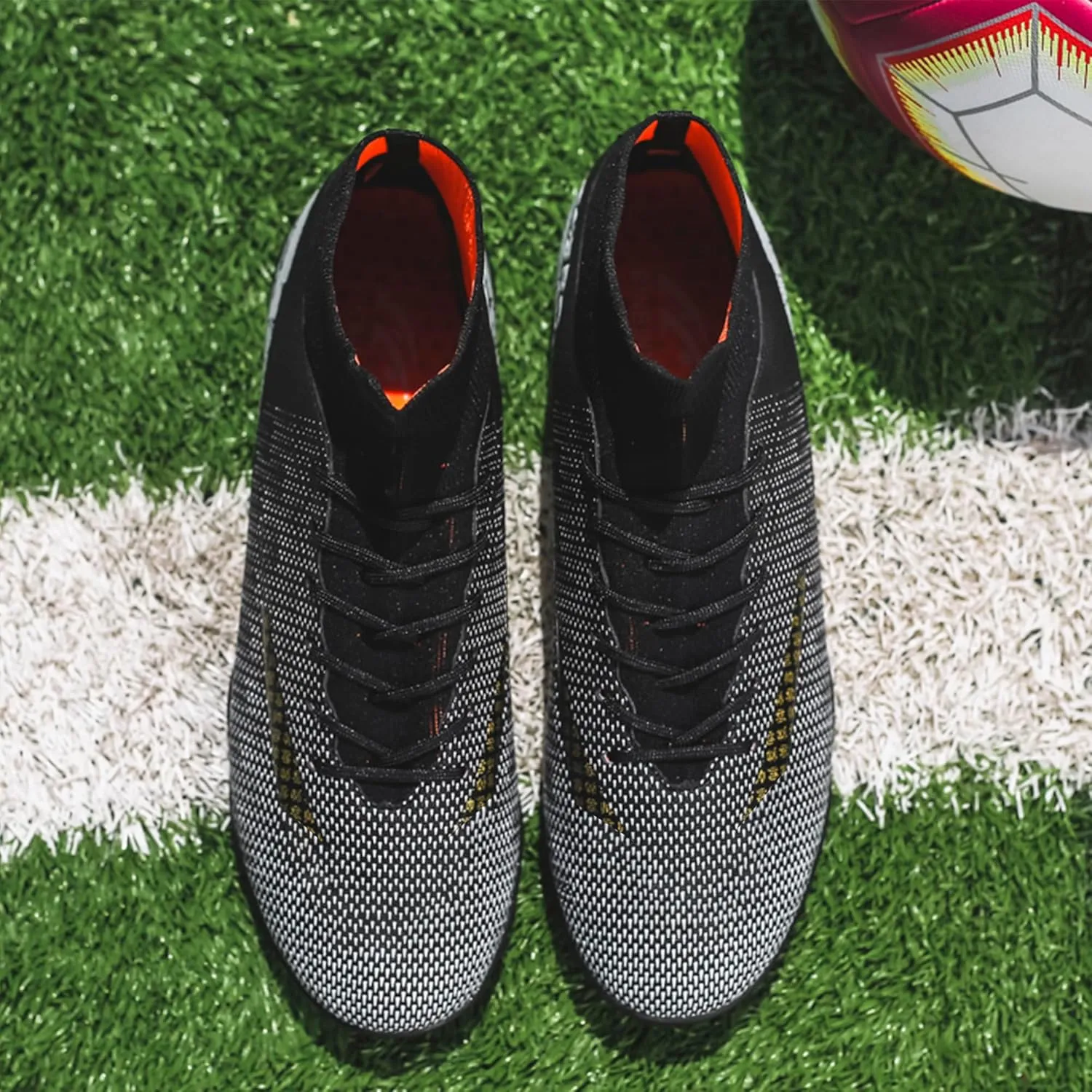 Men's Soccer Cleats Football Shoes with High-Tops Lace-Up Spikes Indoor Firm Ground Turf Training Exercise Futsal Boots