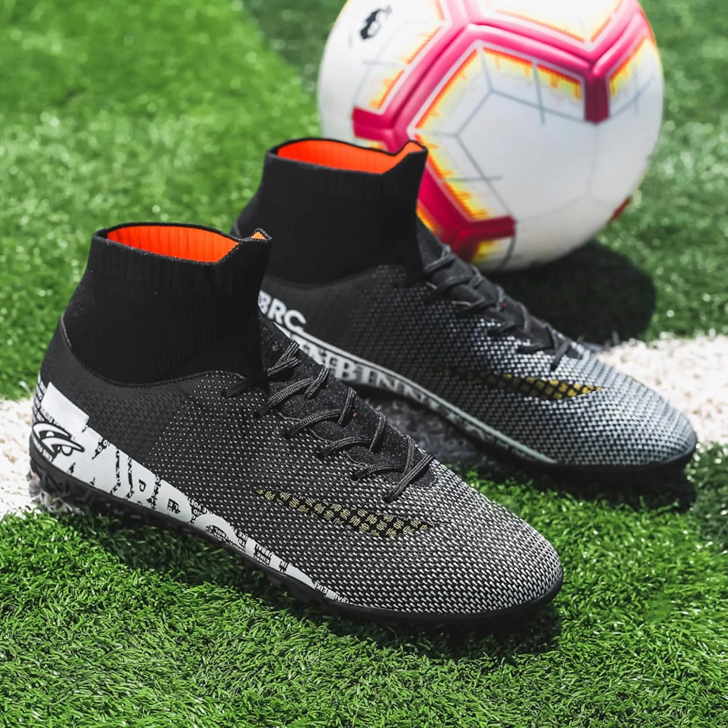 Men's Soccer Cleats Football Shoes with High-Tops Lace-Up Spikes Indoor Firm Ground Turf Training Exercise Futsal Boots