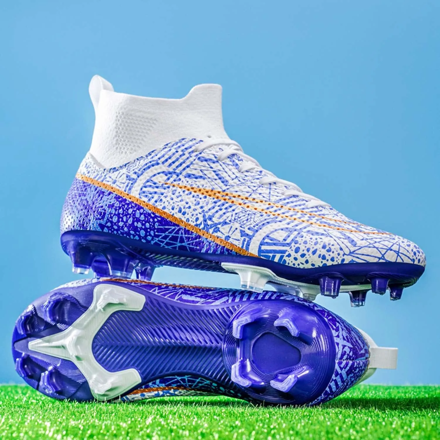 Men's Soccer Cleats High Top AG Spikes Indoor Outdoor Baseball Ankle-Cuff Boots Athletic Professional Firm Ground Turf Non-Slipping Football Sneaker