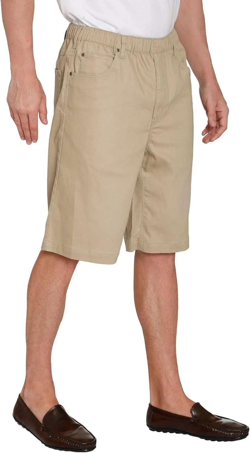 Men's Stretch Waist Pull On Shorts Free of Buttons & Snaps in Denim and Twill