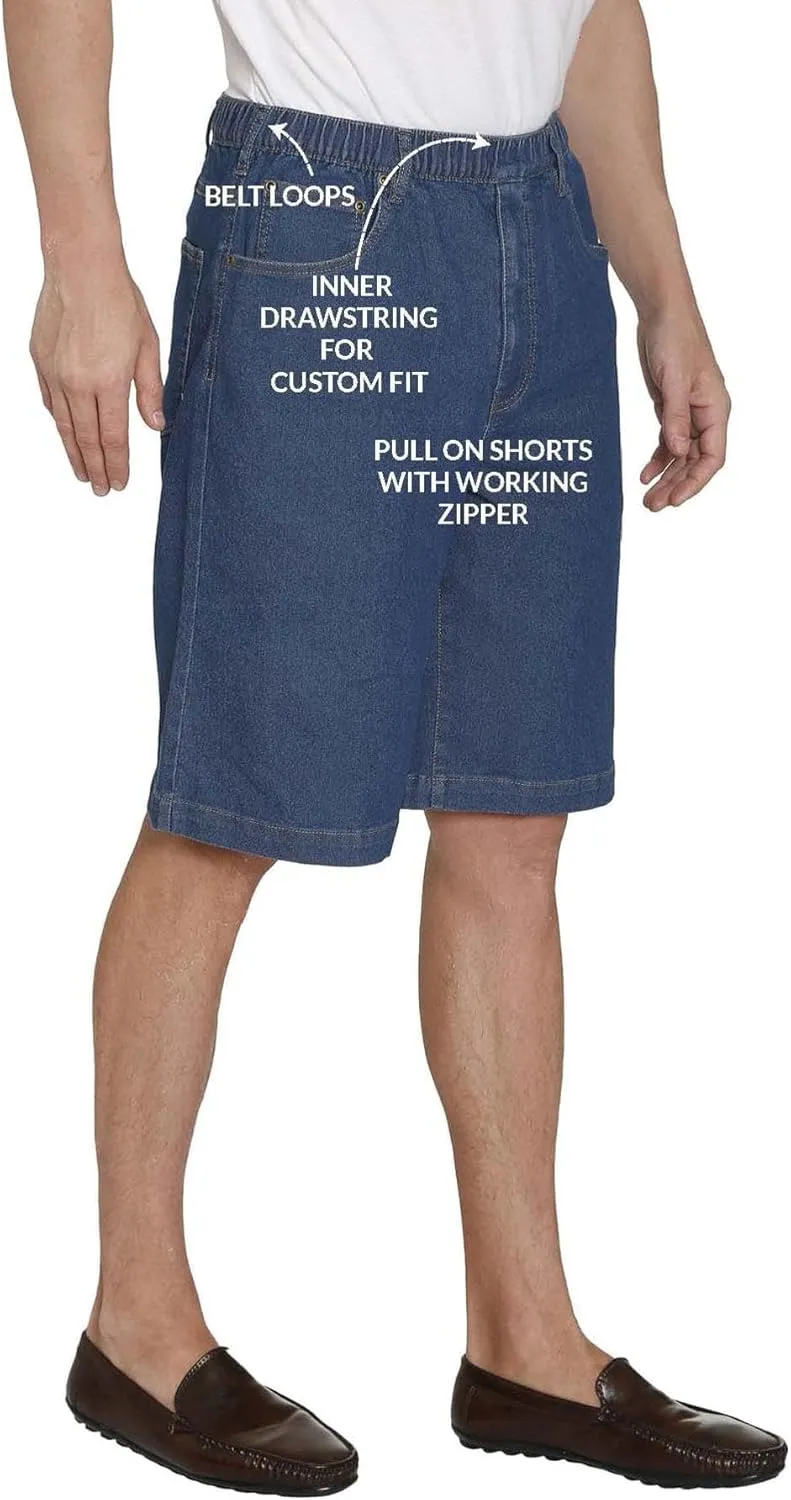 Men's Stretch Waist Pull On Shorts Free of Buttons & Snaps in Denim and Twill
