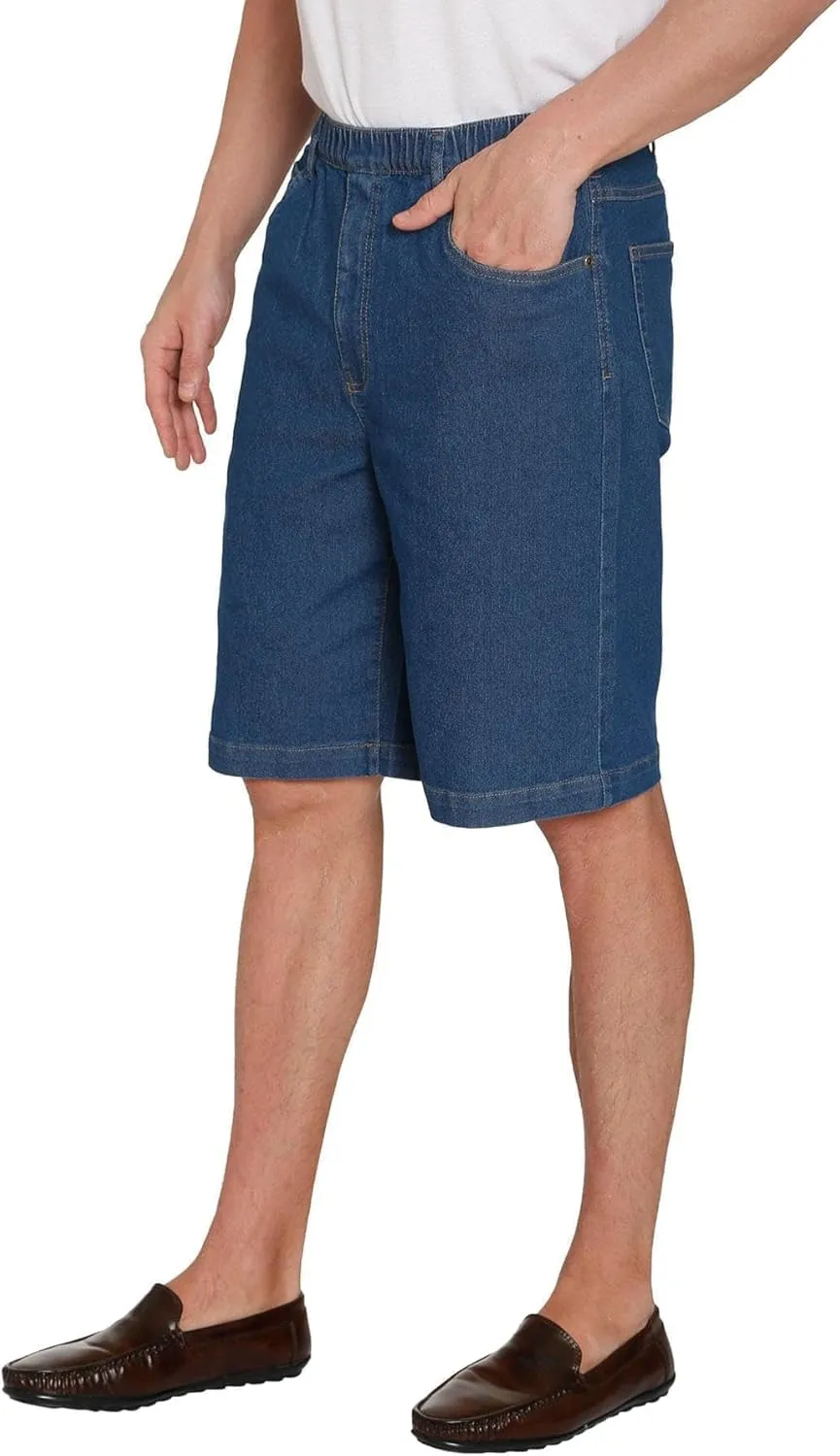 Men's Stretch Waist Pull On Shorts Free of Buttons & Snaps in Denim and Twill