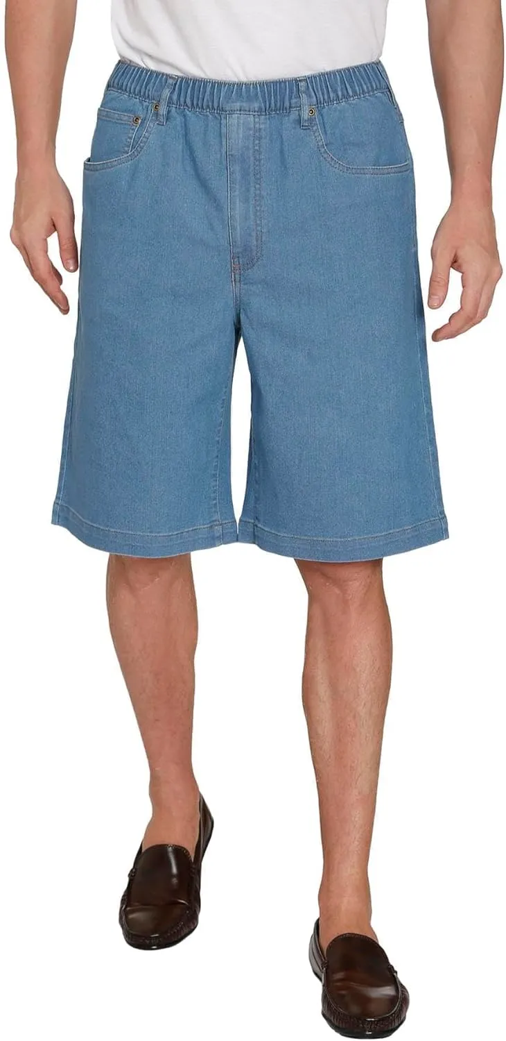 Men's Stretch Waist Pull On Shorts Free of Buttons & Snaps in Denim and Twill