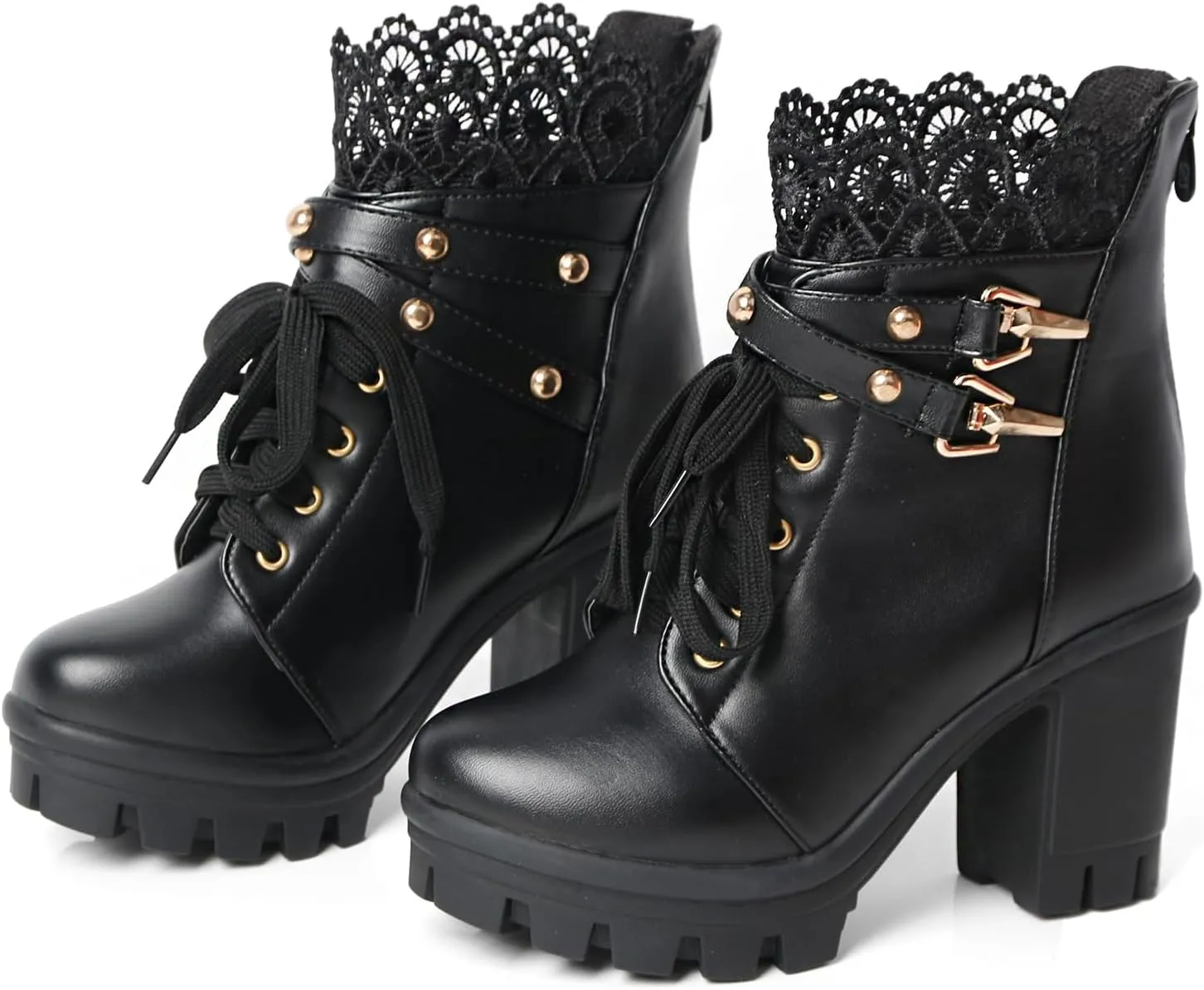 MEOTINA Women Platform Boots Black Chunky Heel Ankle Booties Lace Buckle Combat Boots with Zipper High Heel Goth Shoes