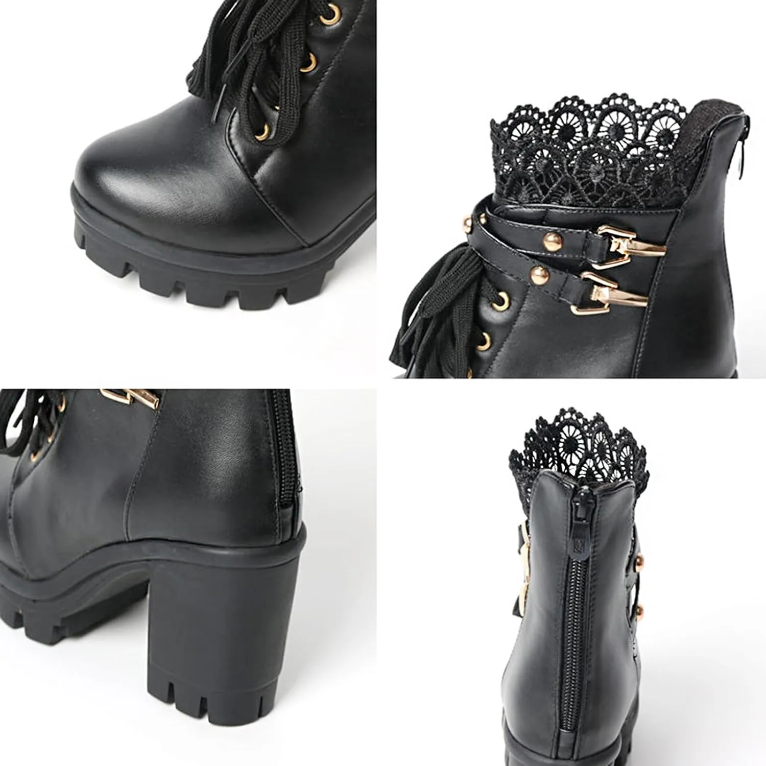 MEOTINA Women Platform Boots Black Chunky Heel Ankle Booties Lace Buckle Combat Boots with Zipper High Heel Goth Shoes