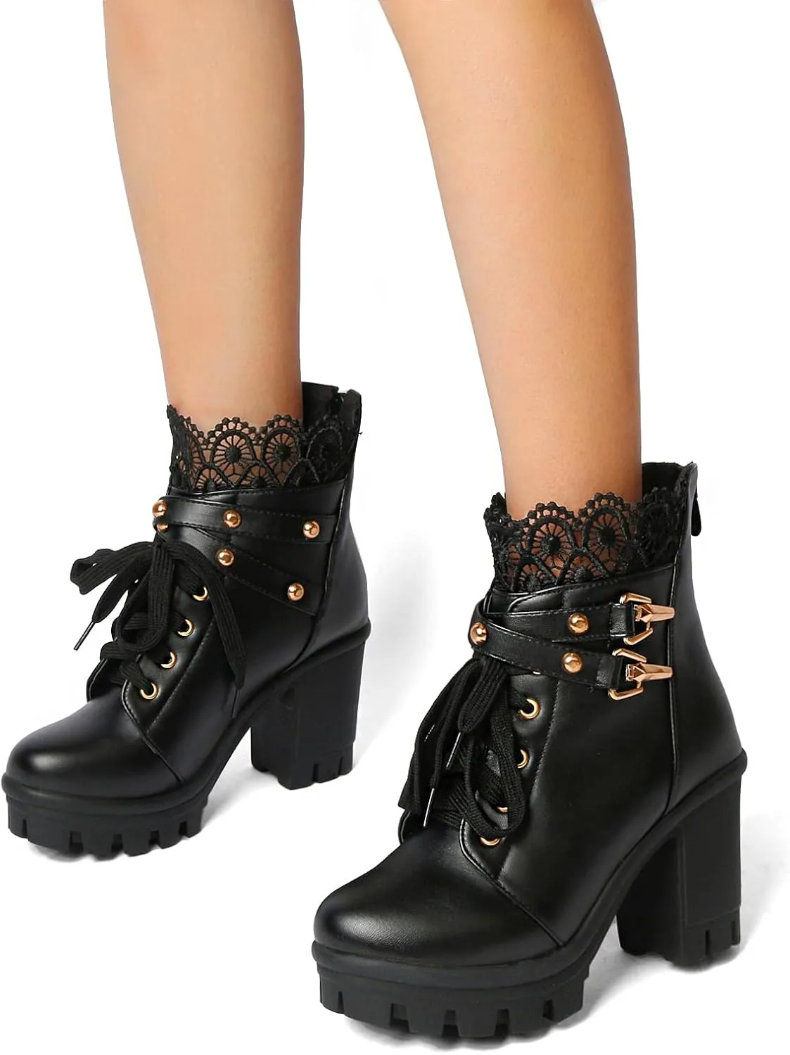 MEOTINA Women Platform Boots Black Chunky Heel Ankle Booties Lace Buckle Combat Boots with Zipper High Heel Goth Shoes