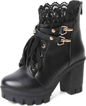 MEOTINA Women Platform Boots Black Chunky Heel Ankle Booties Lace Buckle Combat Boots with Zipper High Heel Goth Shoes