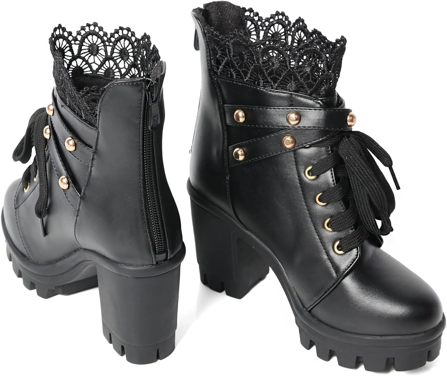 MEOTINA Women Platform Boots Black Chunky Heel Ankle Booties Lace Buckle Combat Boots with Zipper High Heel Goth Shoes