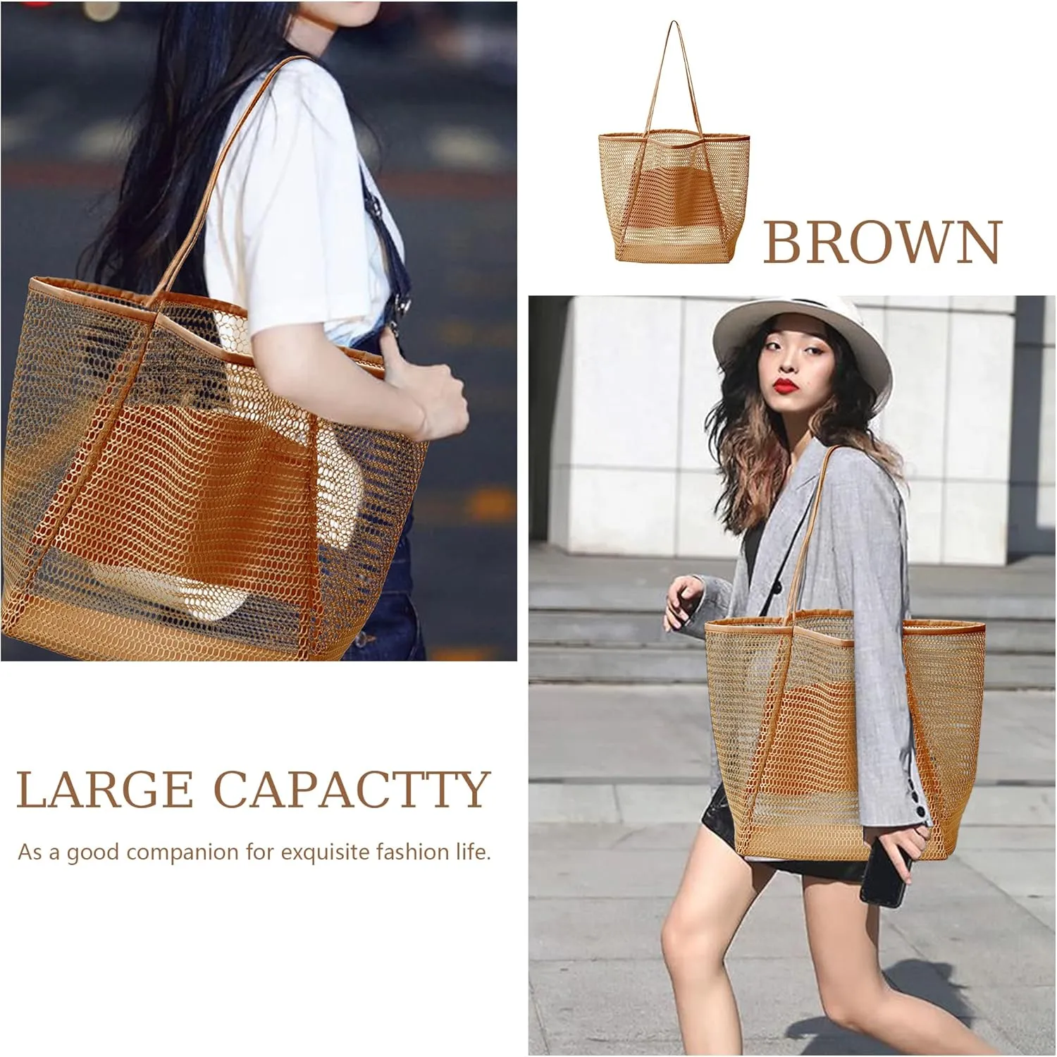 Mesh Beach Tote Womens Shoulder Handbag, Women Foldable MAX 23L Casual Tote Bag Hobo Bag For Beach Picnic Vacation