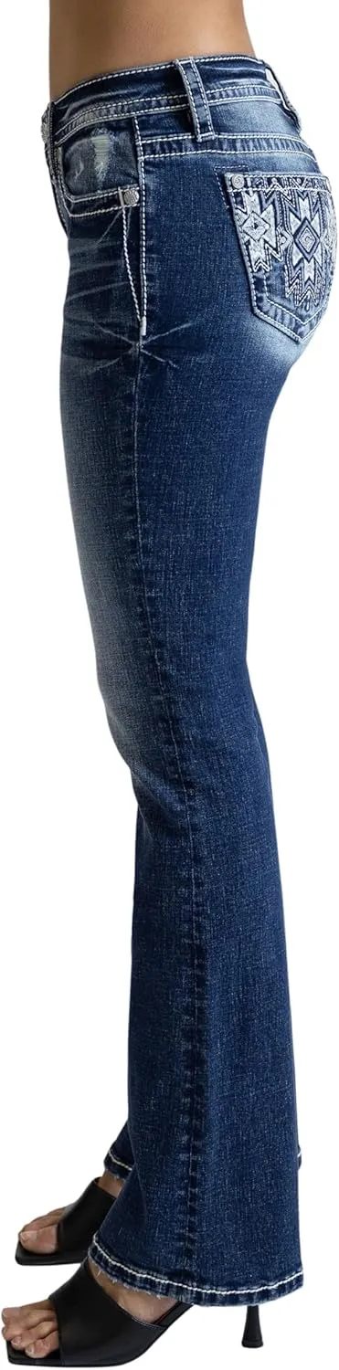Miss Me Women's Aztec Embroidered Diamond Mid-Rise Bootcut Jeans