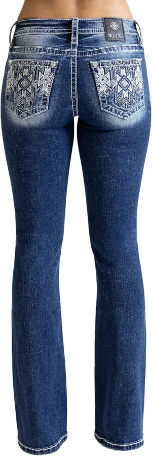 Miss Me Women's Aztec Embroidered Diamond Mid-Rise Bootcut Jeans