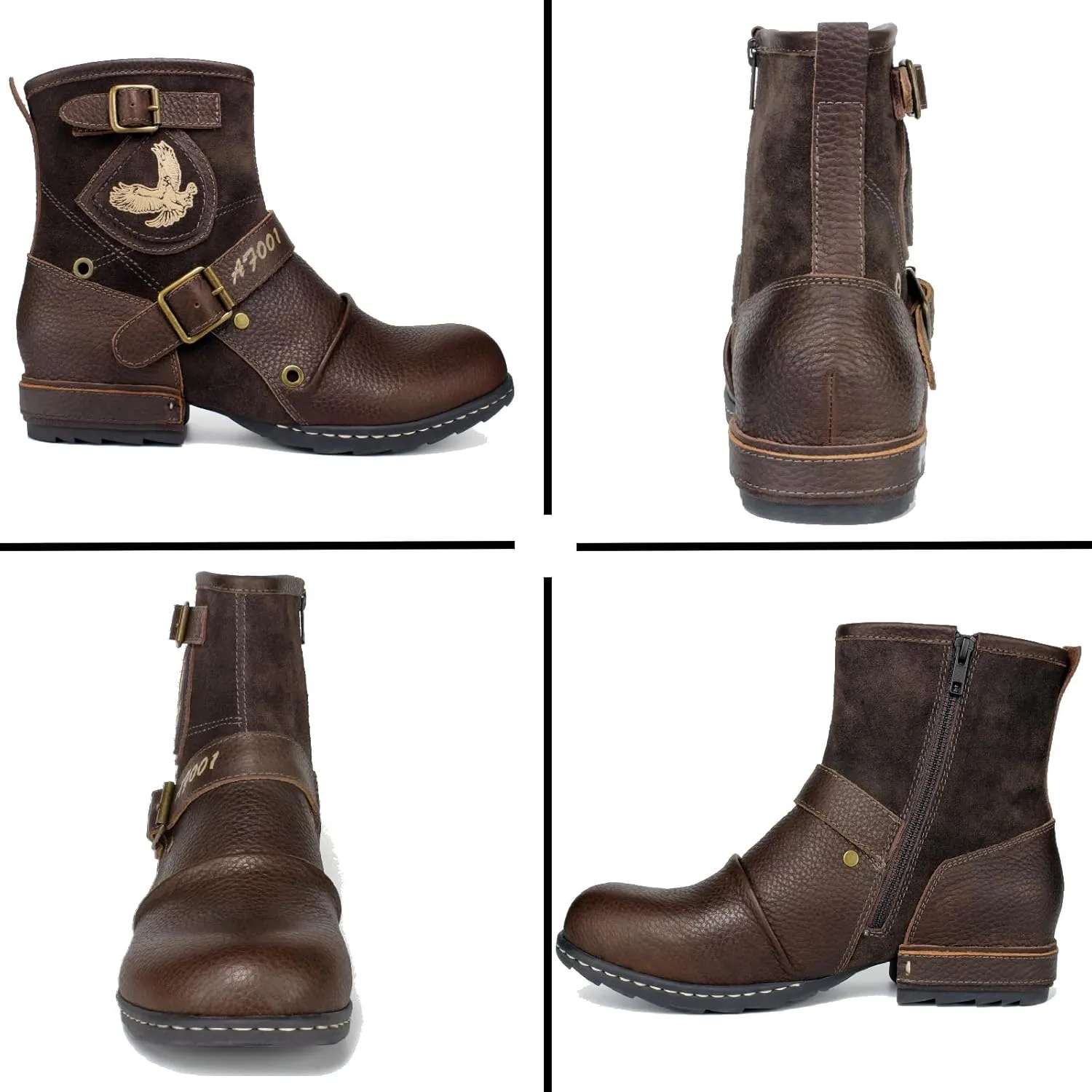 Motorcycle Boots Men Waterproof Leather -Retro Moto Biker Boots with Zip Up & Harness, Riding Combat Boots for Men Casual & Daily Wear