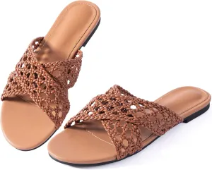 Mtzyoa Women Flat Sandals Braided Leather Crossover Nude Dressy Fashion Evening Party Wedding Sandals