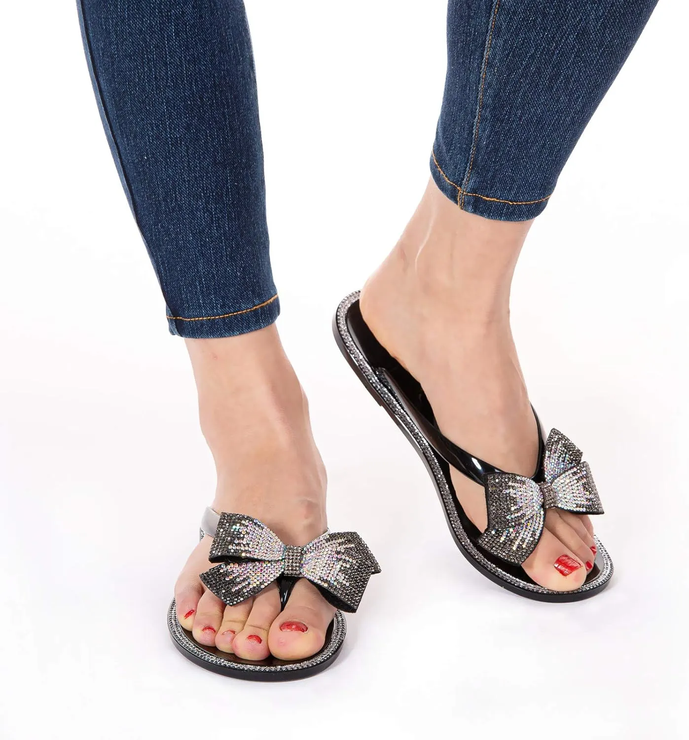 Mtzyoa Women Flip-Flops Flat Sandals Jelly Bow Beach Flat Rivets Rain Cute Dressy Summer Sandals