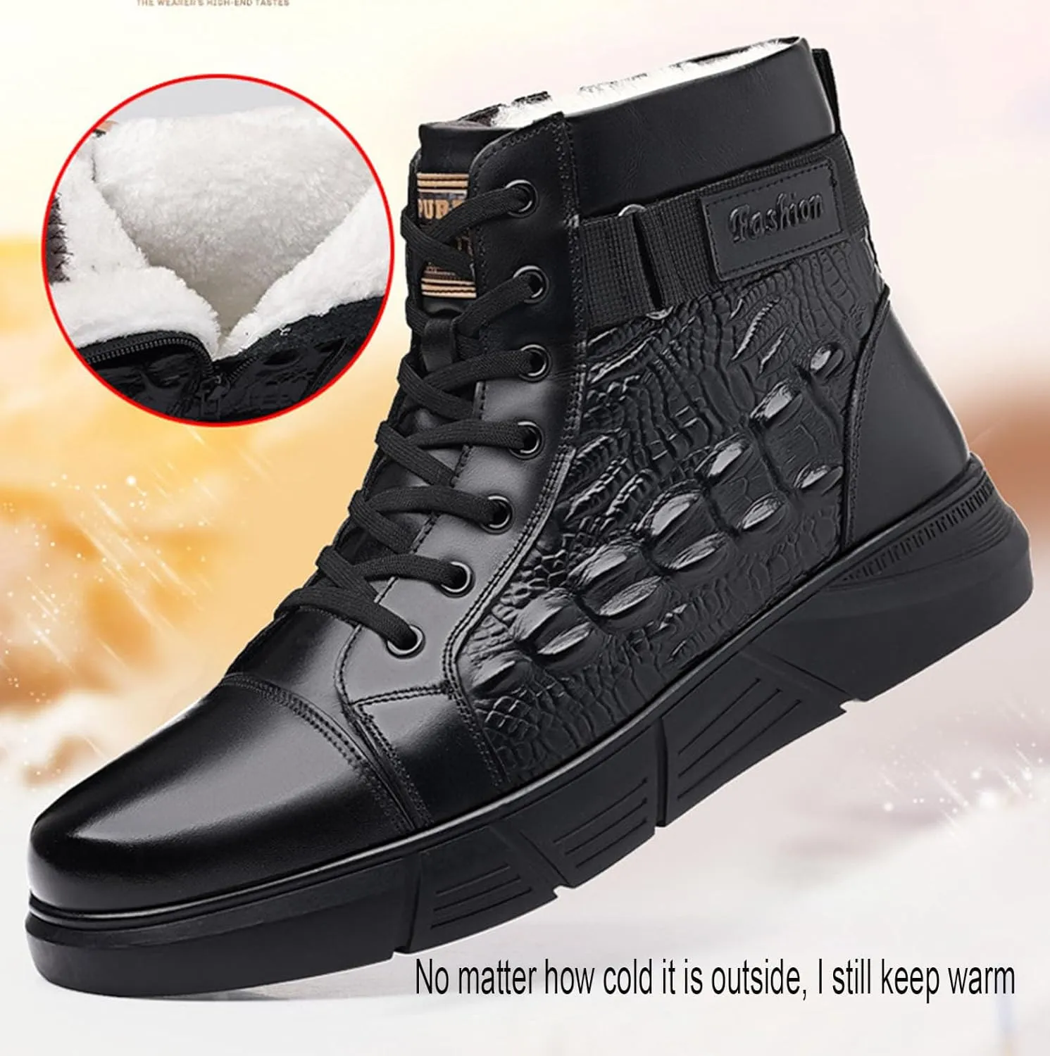 Myallfeet Men's Classic Italian High Top pattern Chukka Boots Fashionable Side Zipper Insulation And Anti Slip Wool Boots Premium Business Ankle Boots