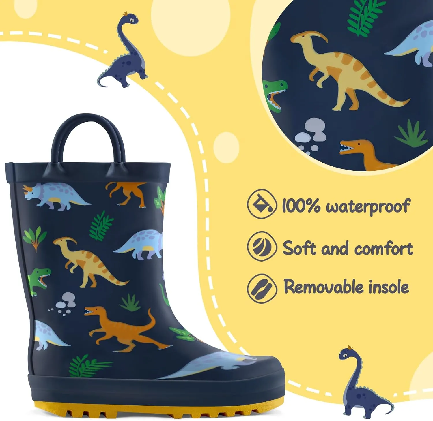 mysoft Kids Rain Boots for Girls Boys Toddler Waterproof Rubber Cute Printed with Easy-On Handles