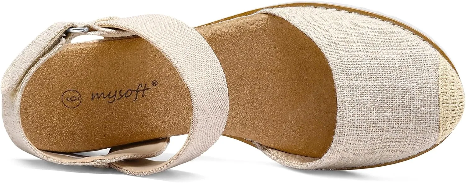mysoft Women's Low Wedge Sandals Comfortable Closed Toe Espadrilles Slip on Elastic Ankle Strap Walking Sandals
