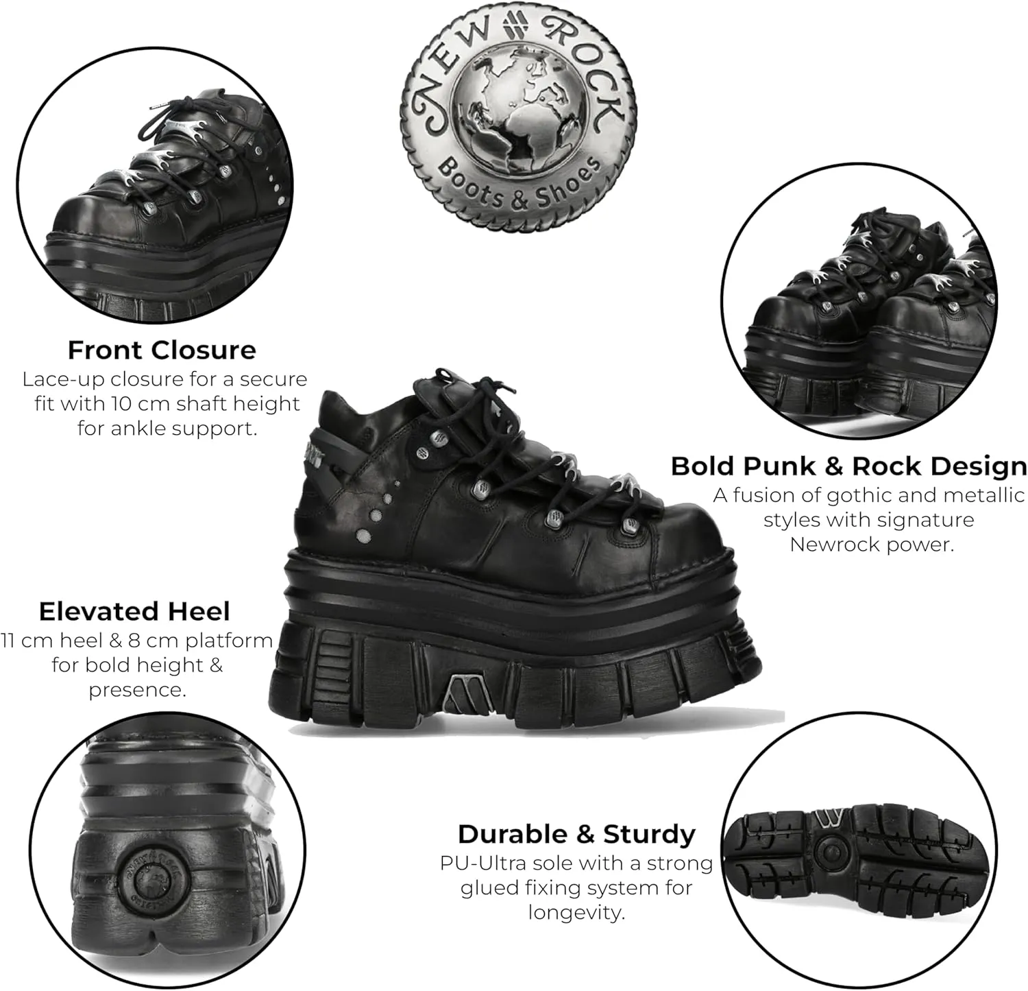 New Rock M-106-C178 Black Tower Gothic Punk Chunky Ankle Boots