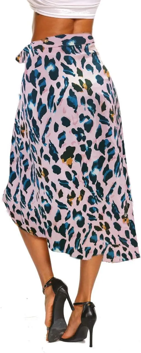 Newchoice Women's Boho Leopard Skirt High Low Split Summer Beach Midi Wrap Skirts