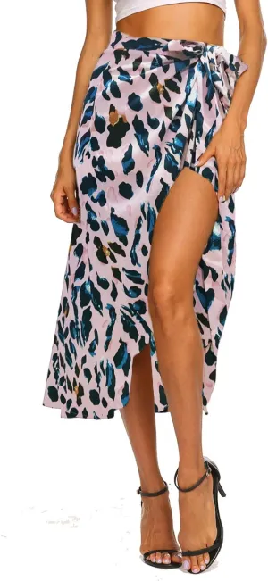 Newchoice Women's Boho Leopard Skirt High Low Split Summer Beach Midi Wrap Skirts