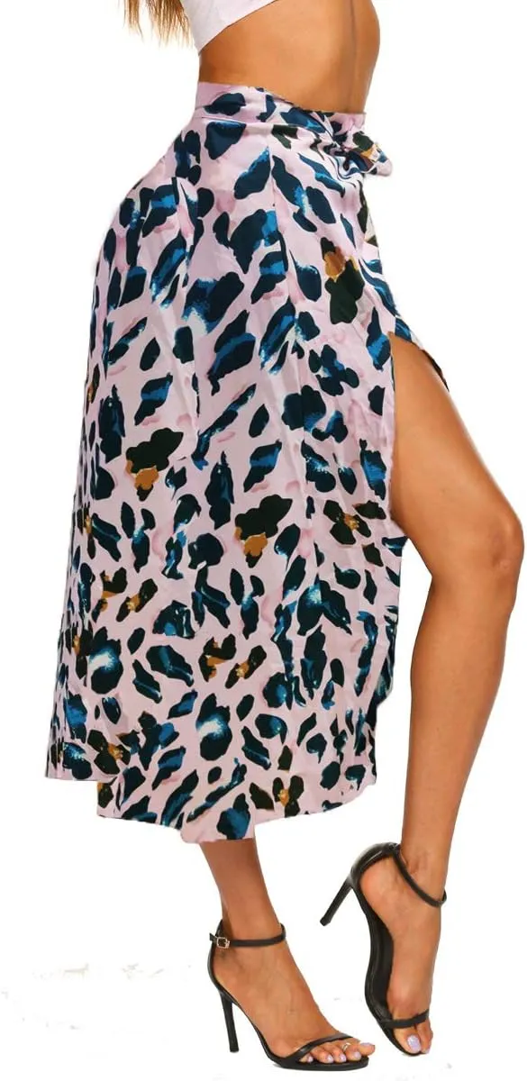 Newchoice Women's Boho Leopard Skirt High Low Split Summer Beach Midi Wrap Skirts