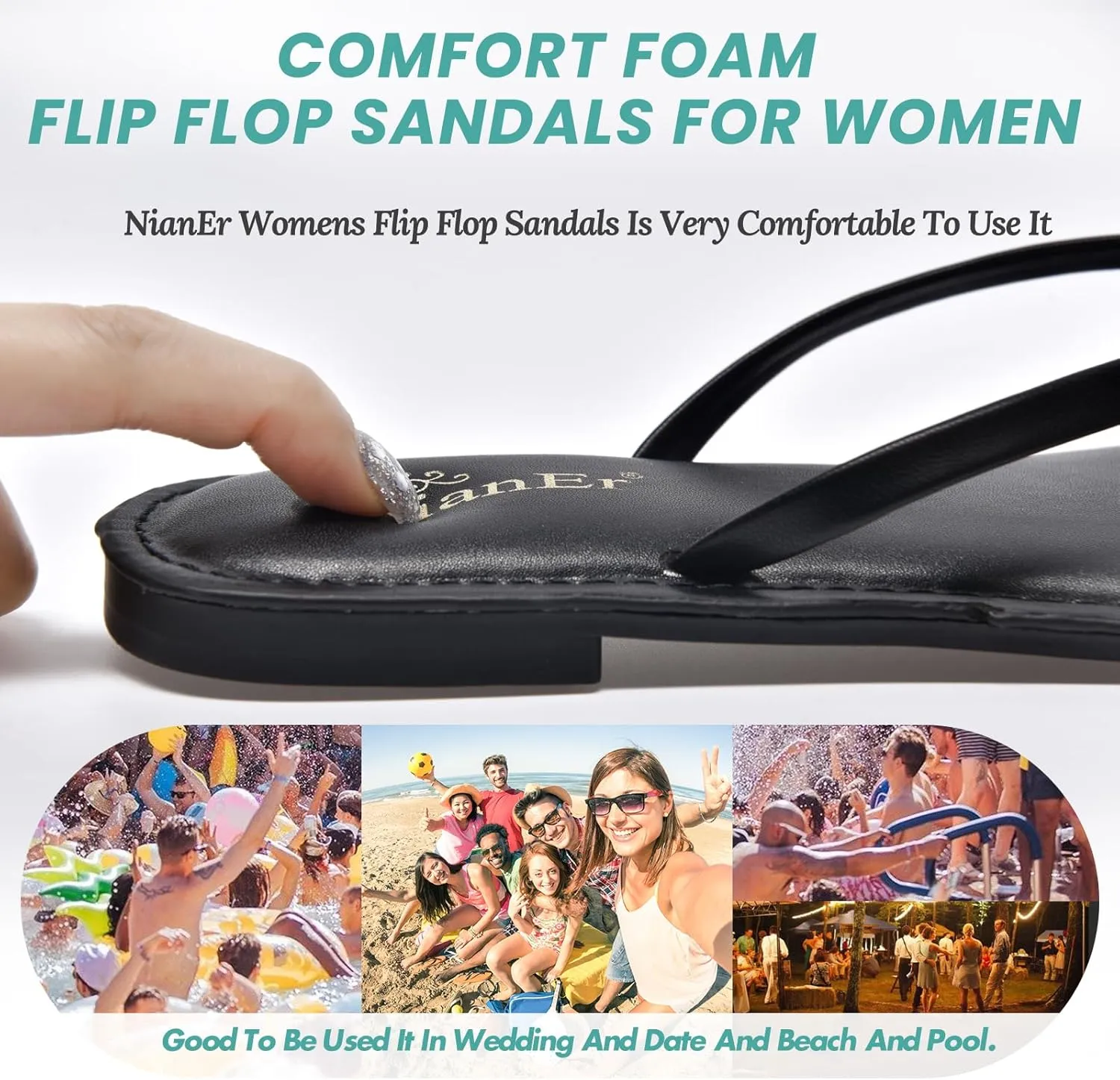 NianEr Womens Microfiber Leather Comfort Foam Bow Dress Thong Sandals Summer Fashion Flat Slip On Slides Flip Flops