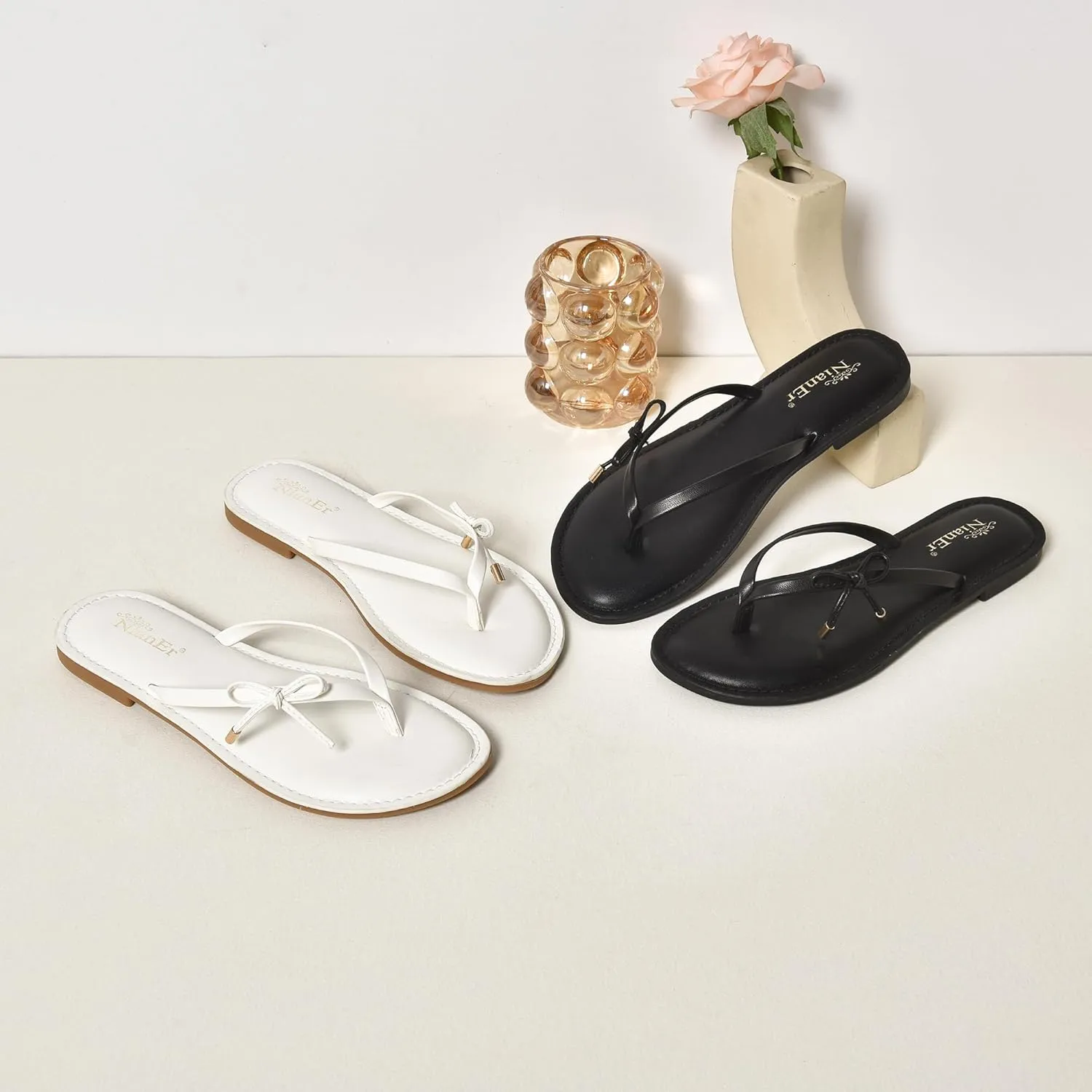 NianEr Womens Microfiber Leather Comfort Foam Bow Dress Thong Sandals Summer Fashion Flat Slip On Slides Flip Flops